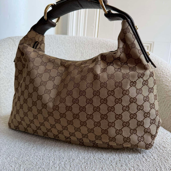 Gucci GG Canvas Horsebit Hobo Brown Shoulder Bag