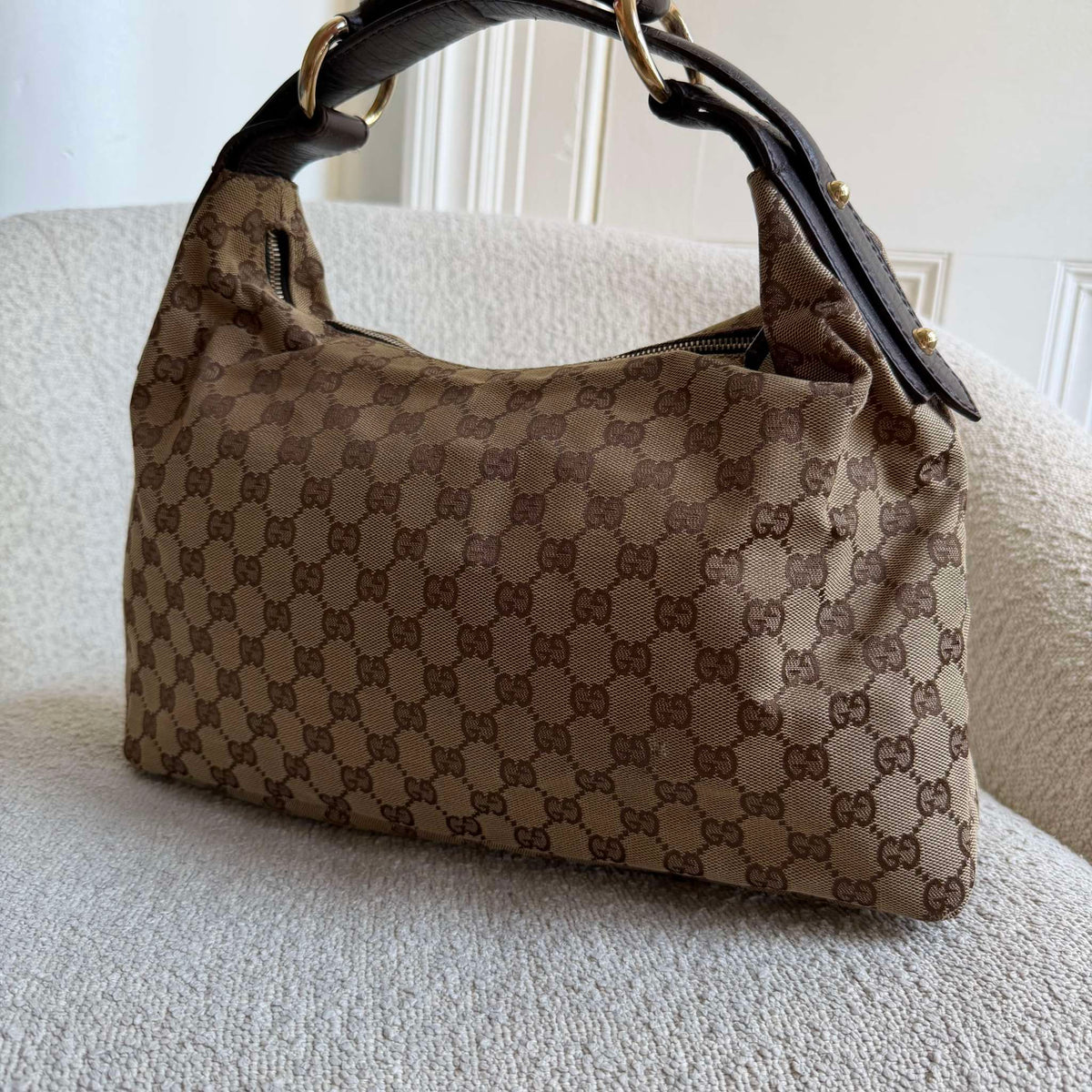 Gucci GG Canvas Horsebit Hobo Brown Shoulder Bag