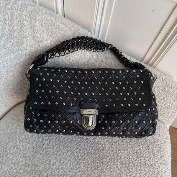 RARE 2000s Prada Studded Nappa Leather Black Chain Shoulder Bag