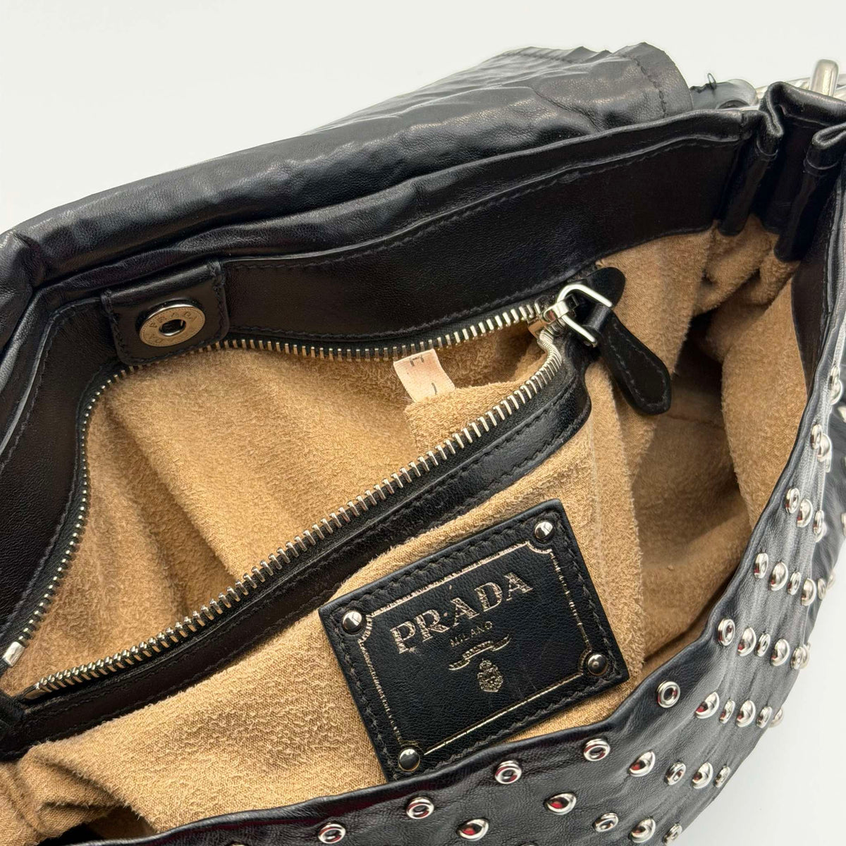 RARE 2000s Prada Studded Nappa Leather Black Chain Shoulder Bag