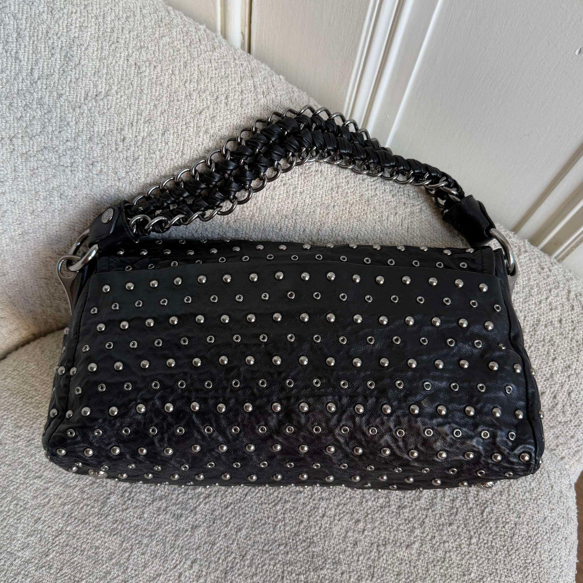 RARE 2000s Prada Studded Nappa Leather Black Chain Shoulder Bag