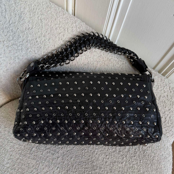 RARE 2000s Prada Studded Nappa Leather Black Chain Shoulder Bag