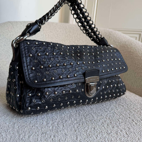 RARE 2000s Prada Studded Nappa Leather Black Chain Shoulder Bag