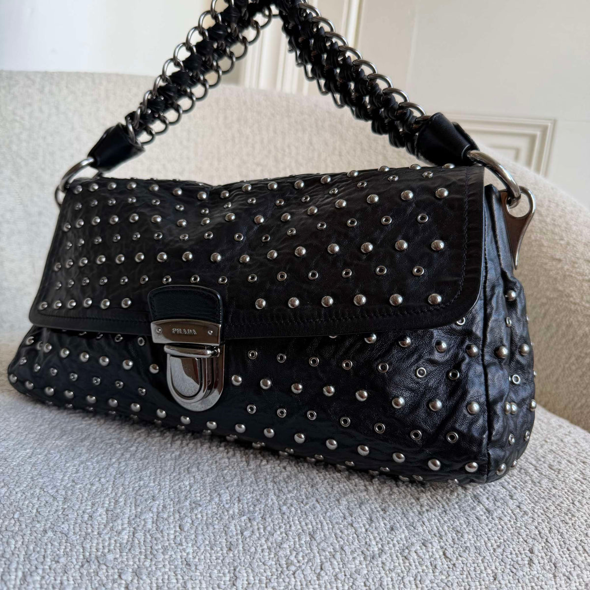 RARE 2000s Prada Studded Nappa Leather Black Chain Shoulder Bag