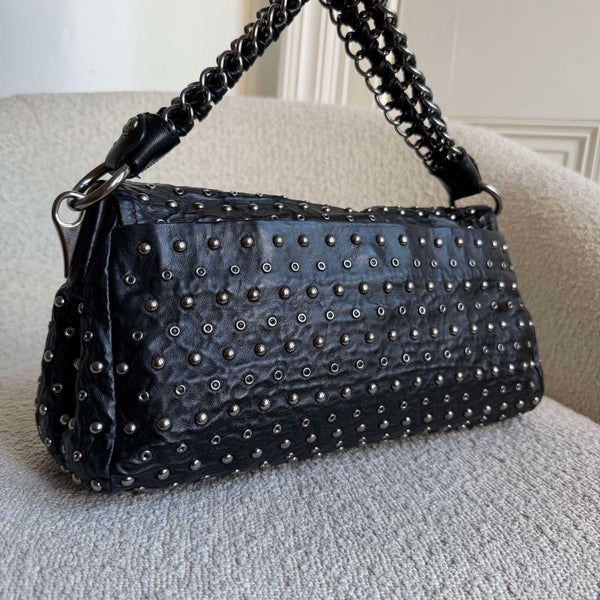 RARE 2000s Prada Studded Nappa Leather Black Chain Shoulder Bag