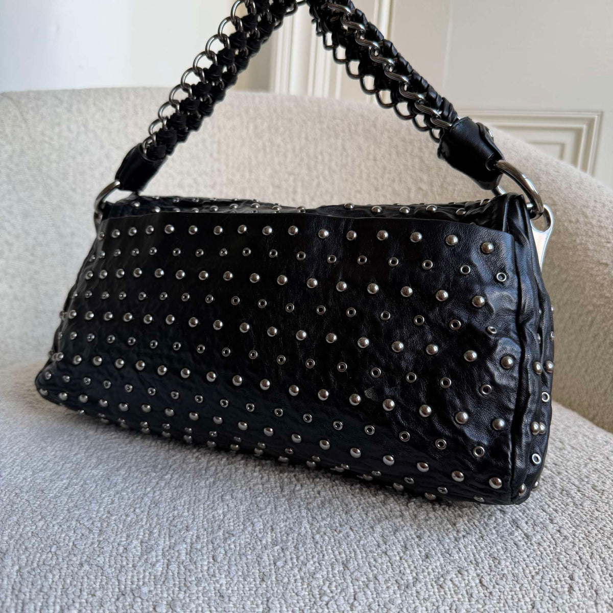 RARE 2000s Prada Studded Nappa Leather Black Chain Shoulder Bag