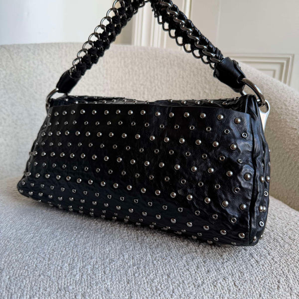 RARE 2000s Prada Studded Nappa Leather Black Chain Shoulder Bag