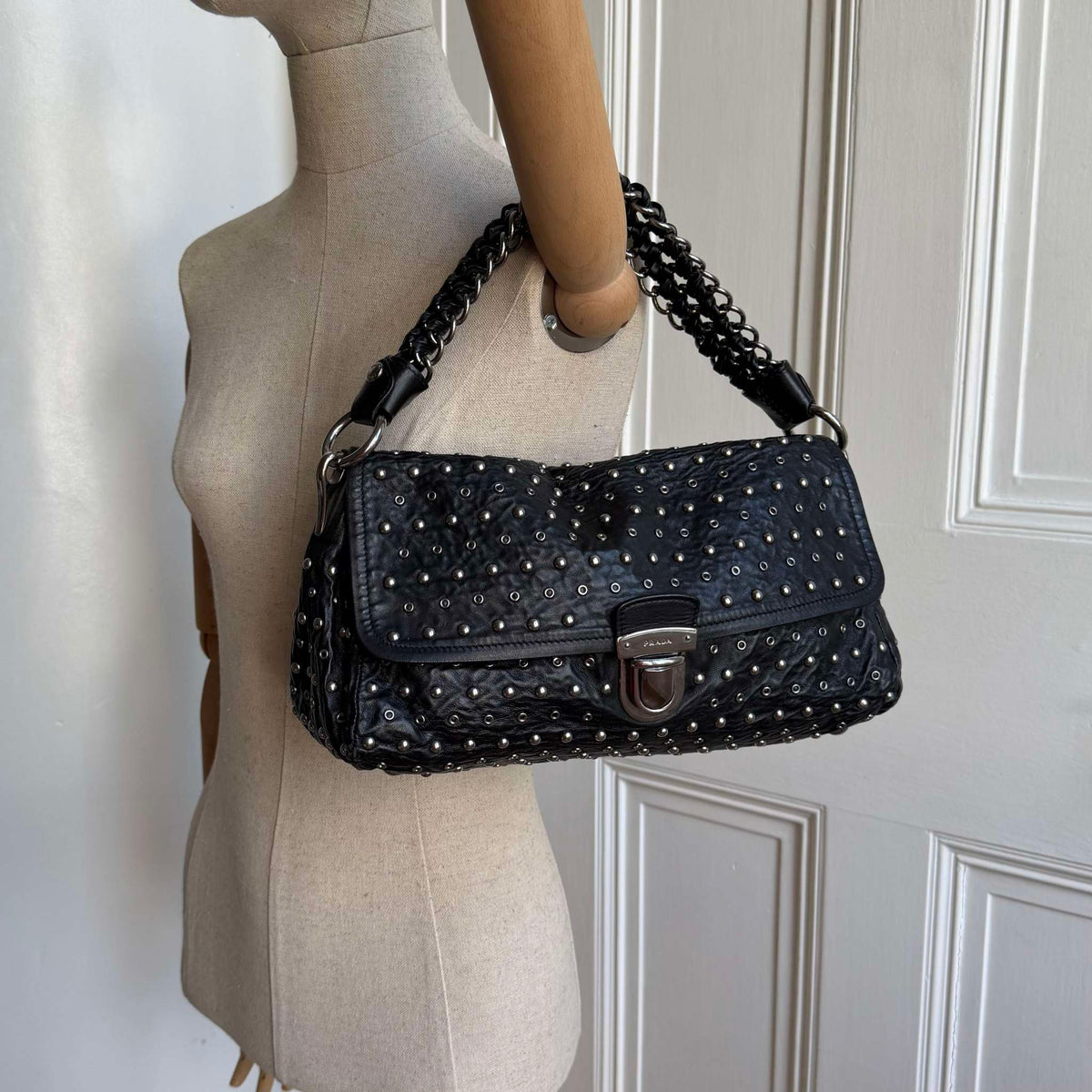 RARE 2000s Prada Studded Nappa Leather Black Chain Shoulder Bag