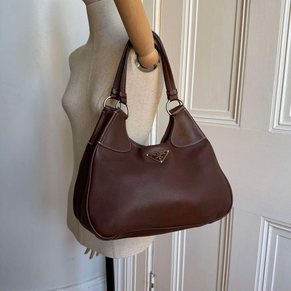 Prada Vitello Daino Brown Leather Shoulder Bag