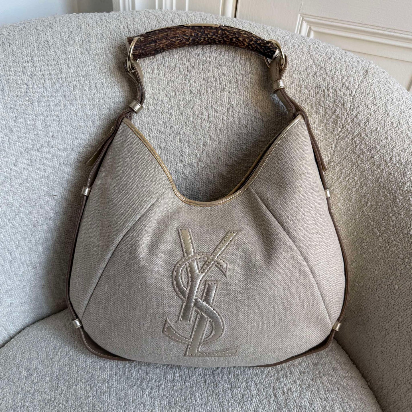 RARE 2000s YSL Mombasa Canvas Beige Shoulder Bag