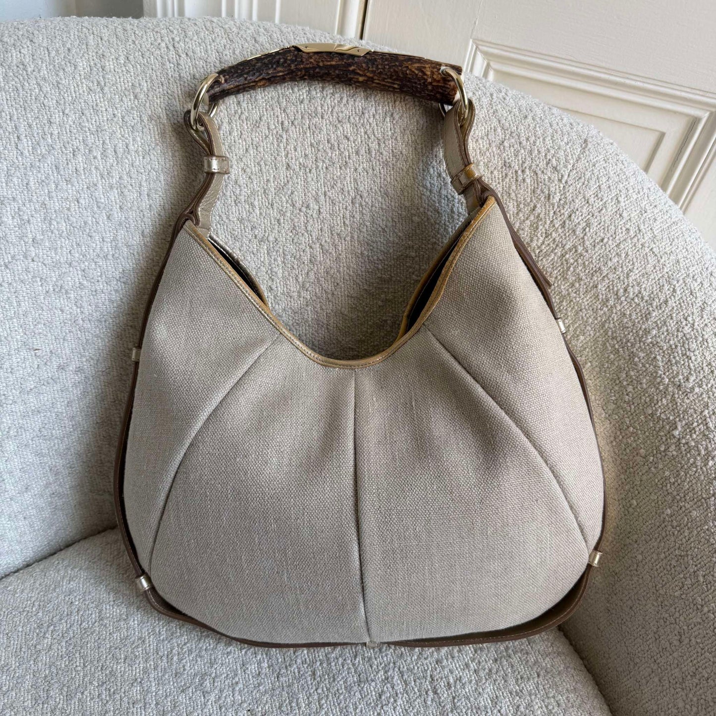 RARE 2000s YSL Mombasa Canvas Beige Shoulder Bag