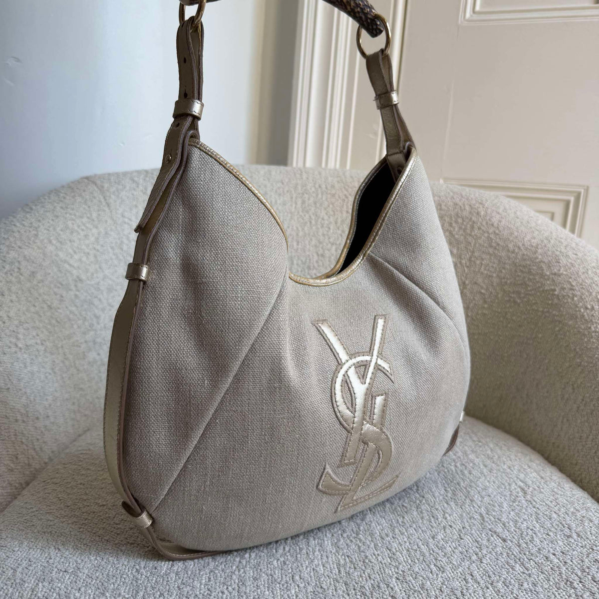 RARE 2000s YSL Mombasa Canvas Beige Shoulder Bag