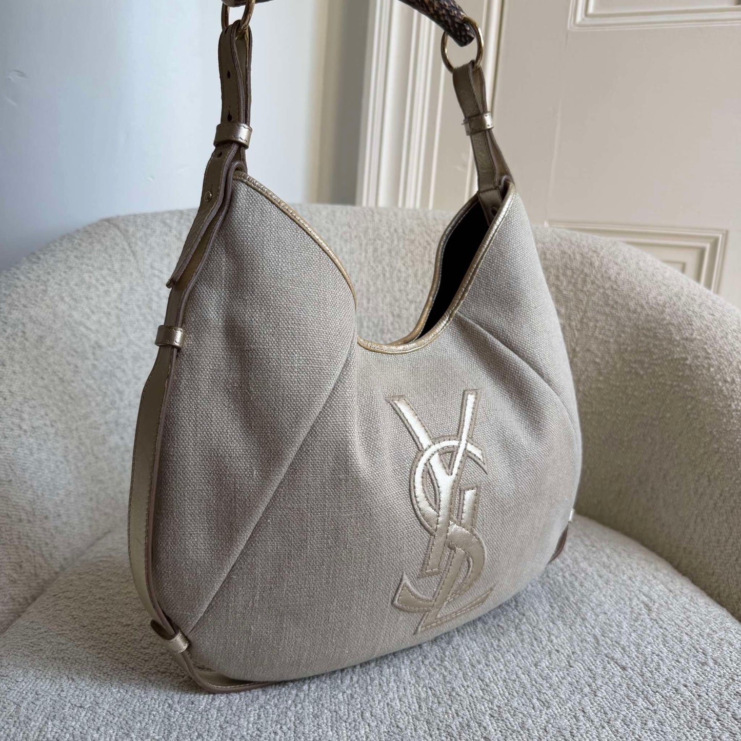 RARE 2000s YSL Mombasa Canvas Beige Shoulder Bag