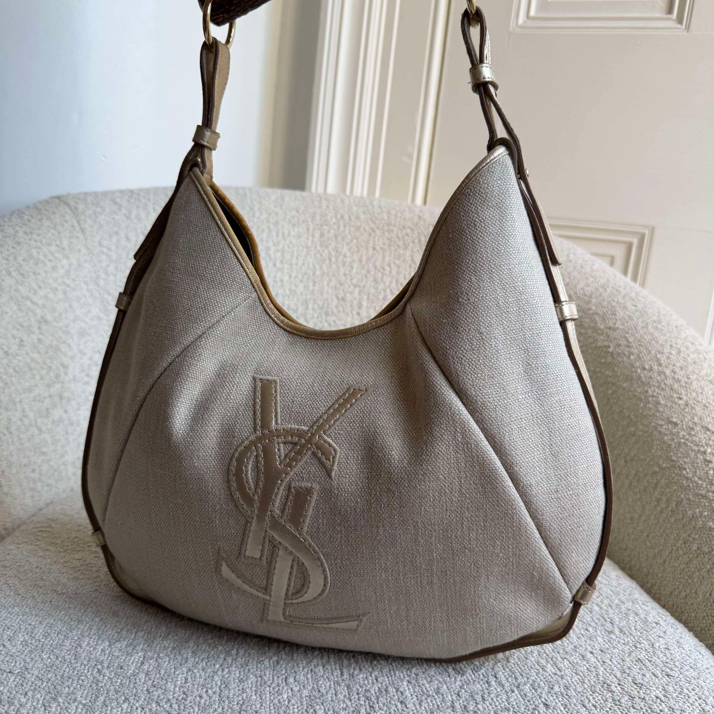 RARE 2000s YSL Mombasa Canvas Beige Shoulder Bag