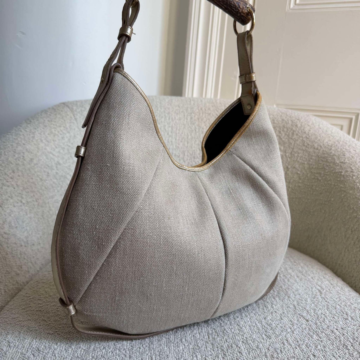RARE 2000s YSL Mombasa Canvas Beige Shoulder Bag