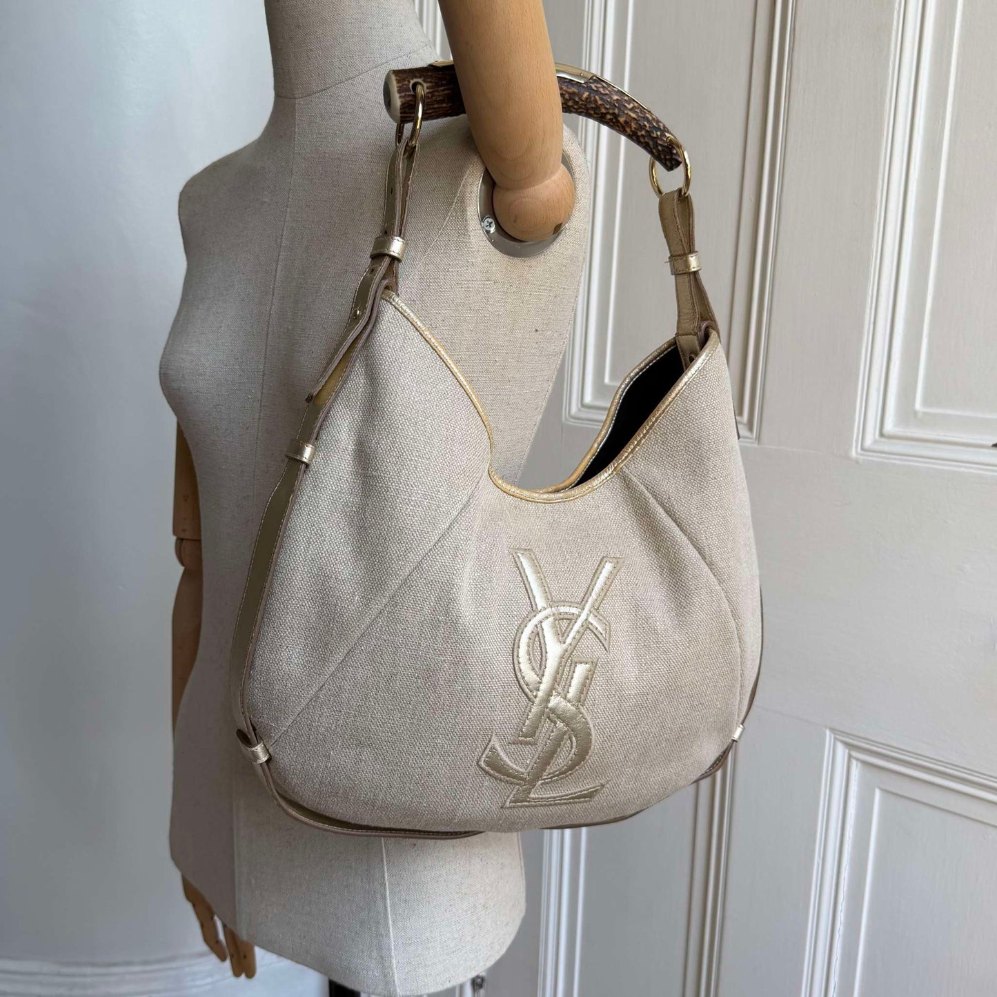 RARE 2000s YSL Mombasa Canvas Beige Shoulder Bag