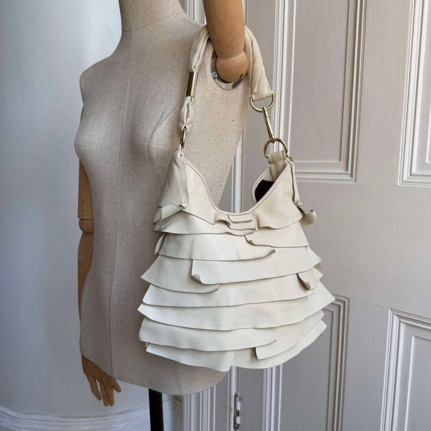 2000s YSL Saint Tropez Leather Cream Shoulder Bag
