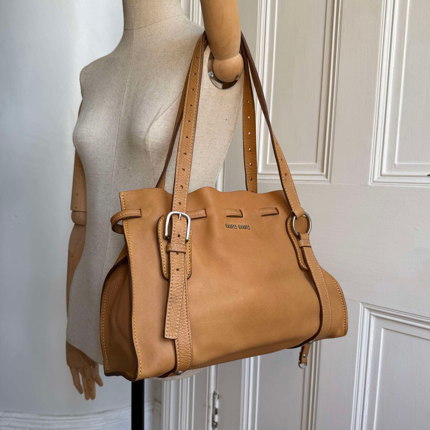 Miu Miu Vitello Leather Caramel Brown Tote Bag