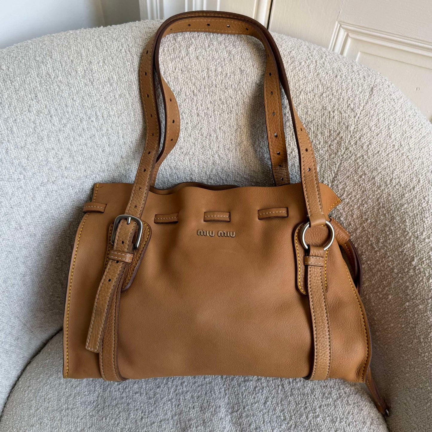 Miu Miu Vitello Leather Caramel Brown Tote Bag