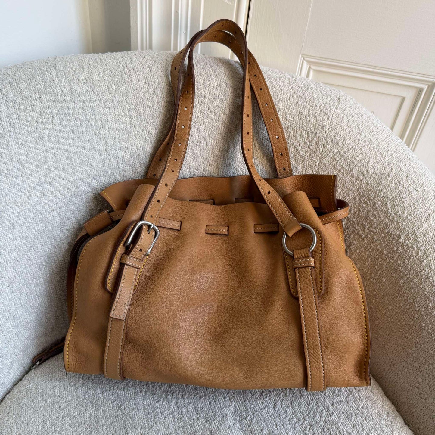 Miu Miu Vitello Leather Caramel Brown Tote Bag
