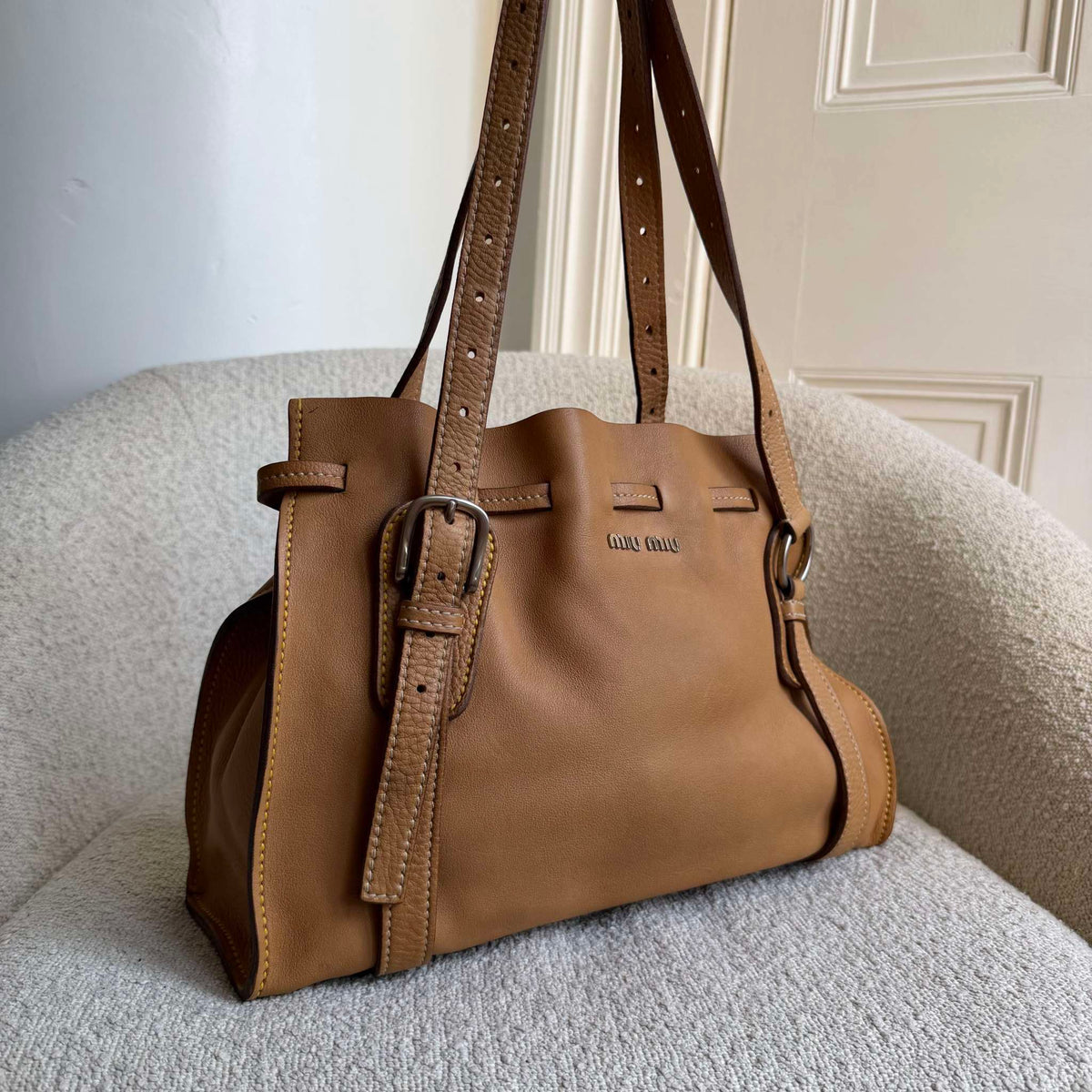 Miu Miu Vitello Leather Caramel Brown Tote Bag