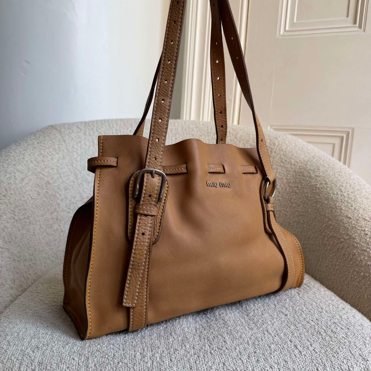 Miu Miu Vitello Leather Caramel Brown Tote Bag