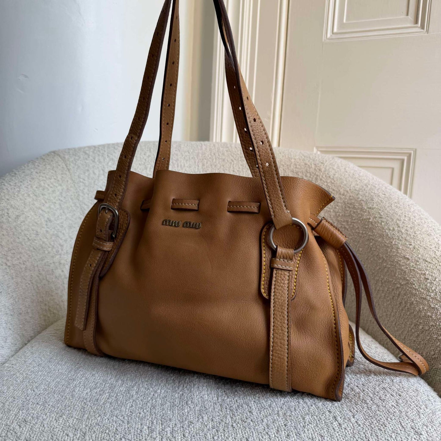 Miu Miu Vitello Leather Caramel Brown Tote Bag