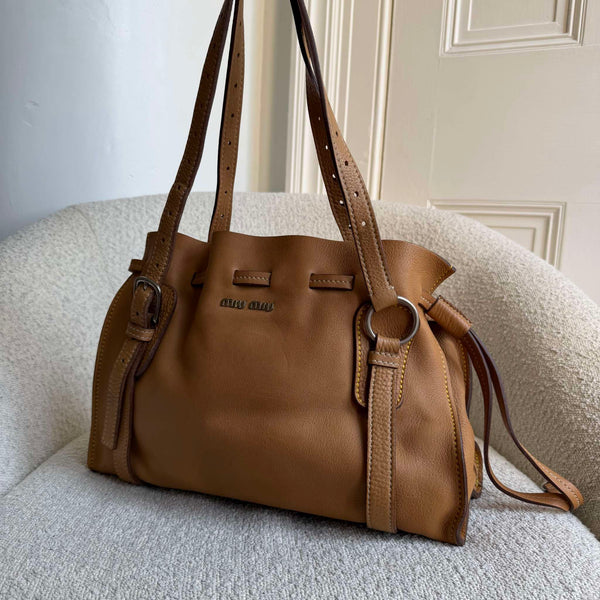 Miu Miu Vitello Leather Caramel Brown Tote Bag