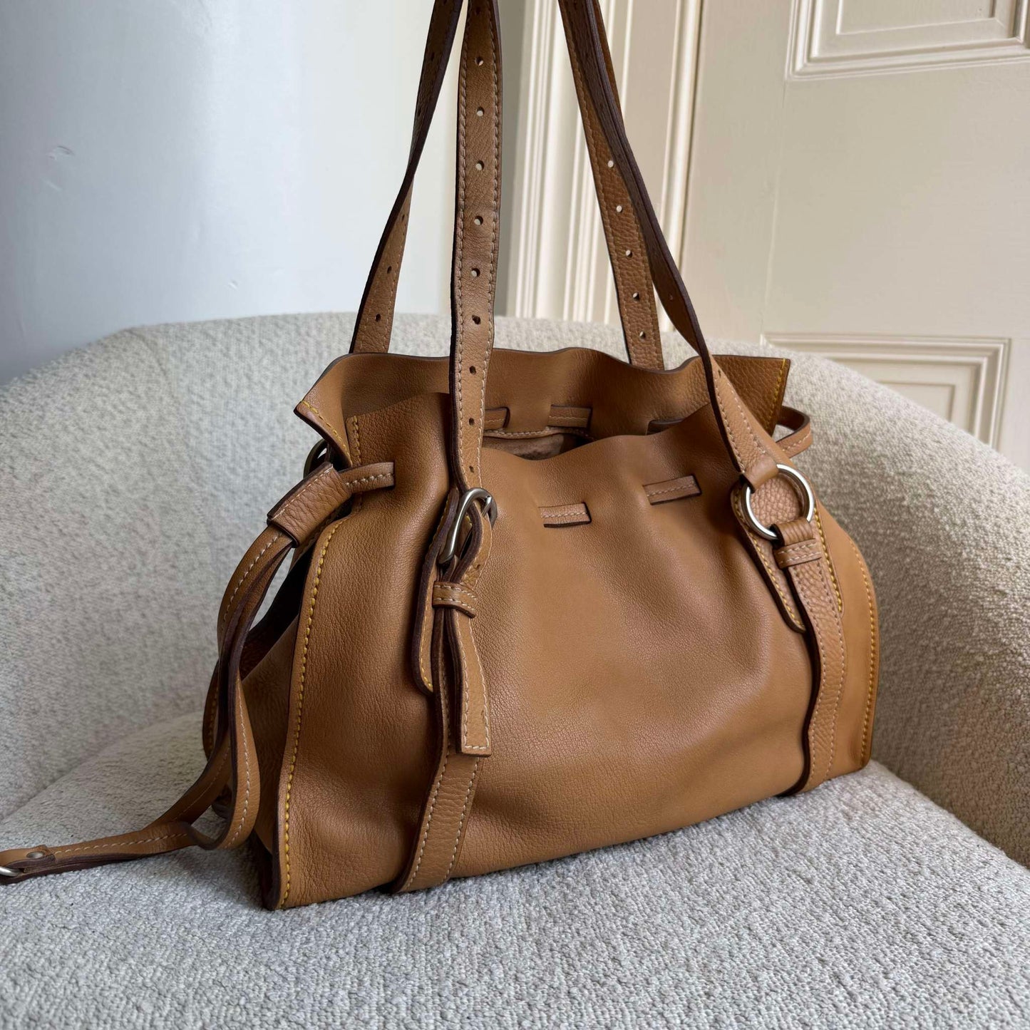 Miu Miu Vitello Leather Caramel Brown Tote Bag