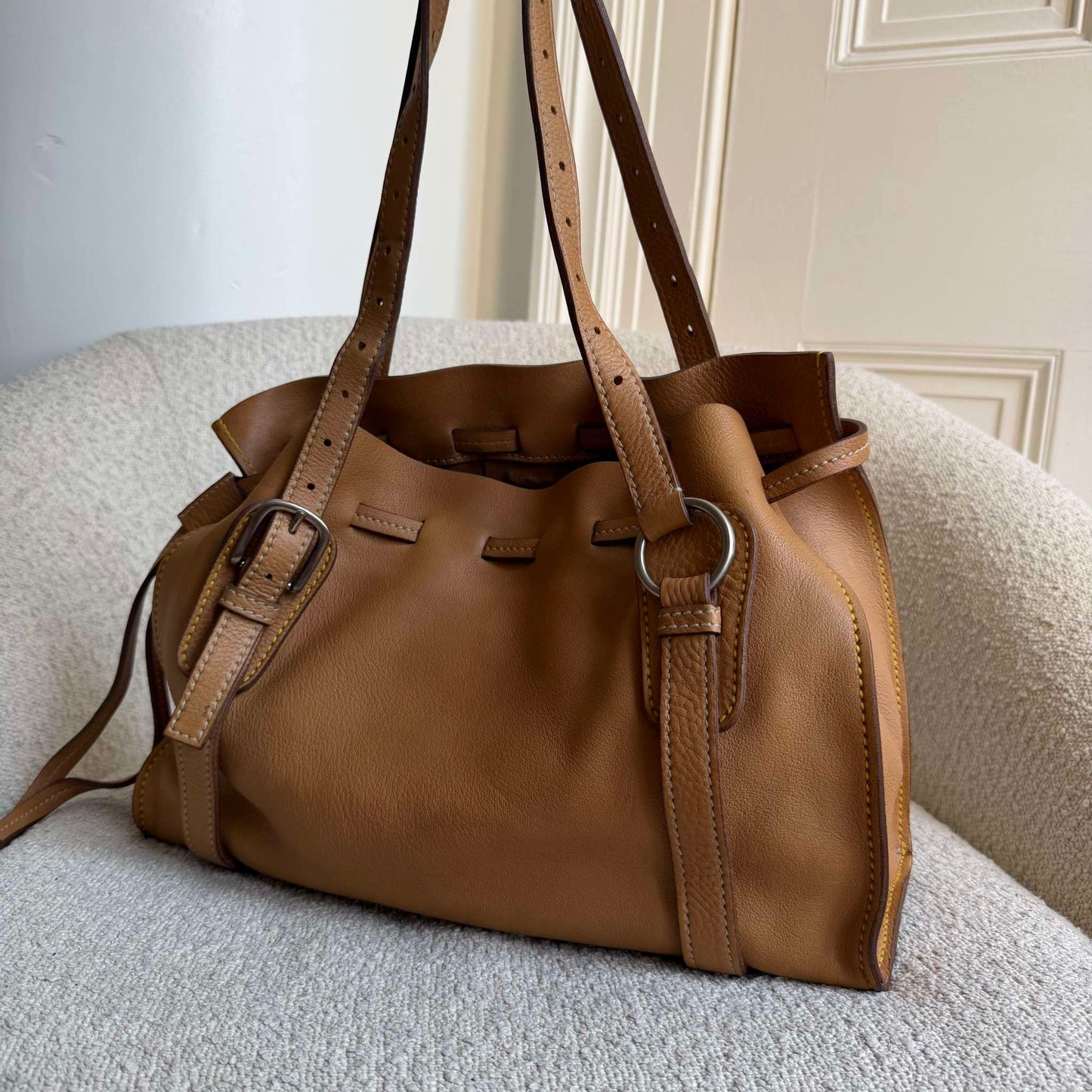 Miu Miu Vitello Leather Caramel Brown Tote Bag