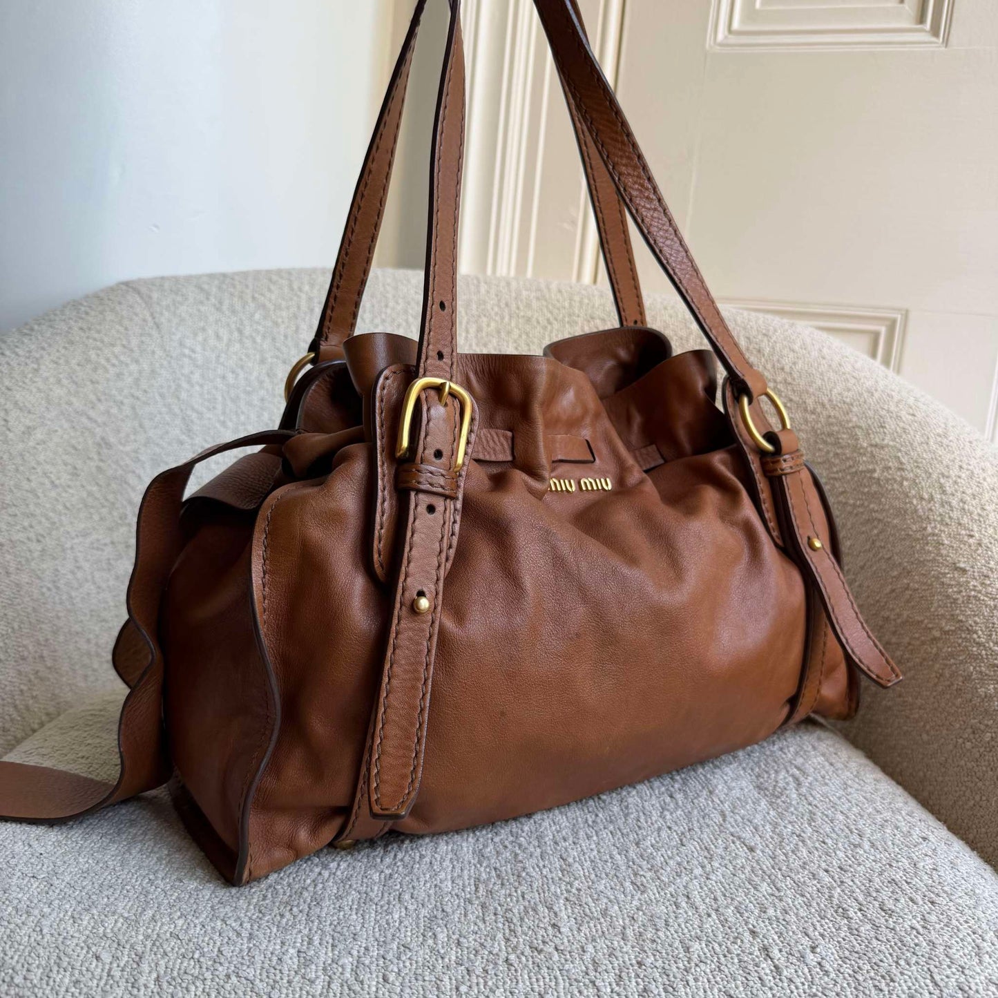 Miu Miu Vitello Brown Leather Tote Bag