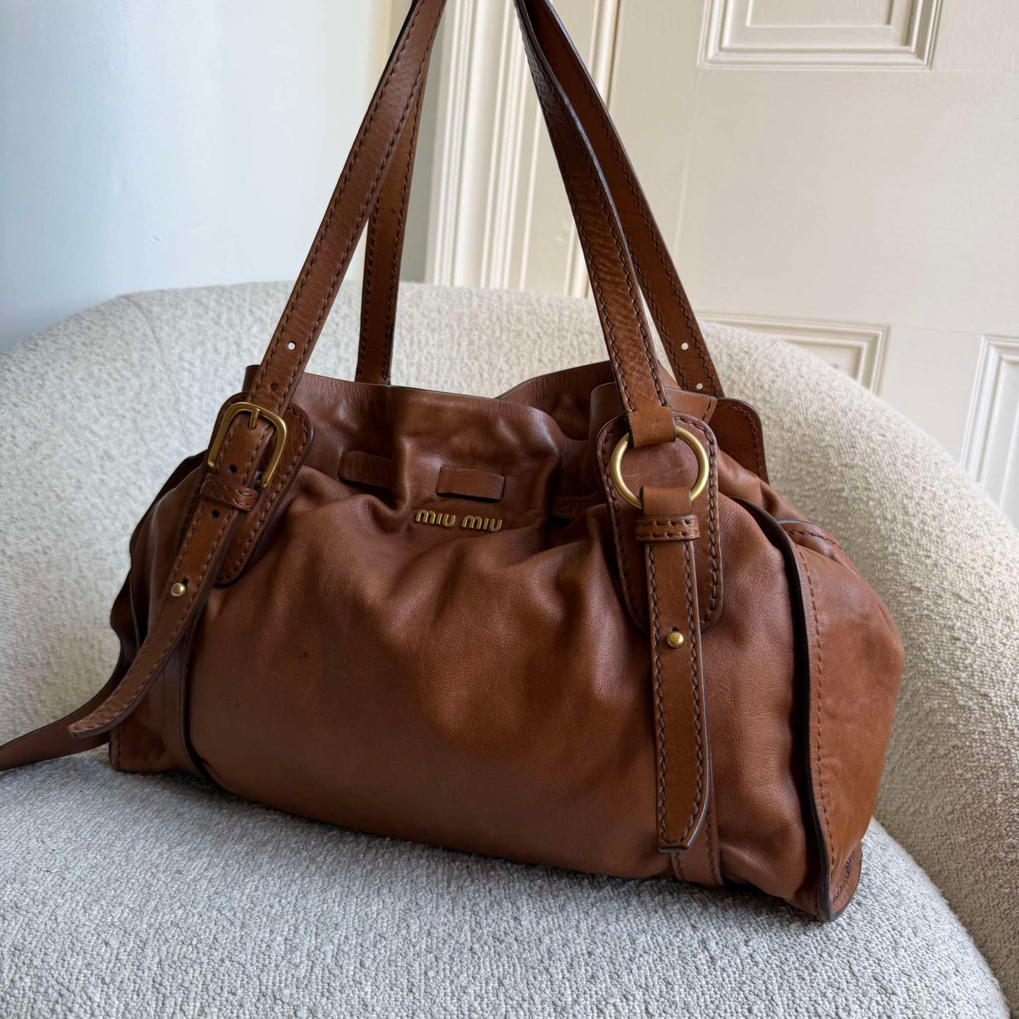 Miu Miu Vitello Brown Leather Tote Bag
