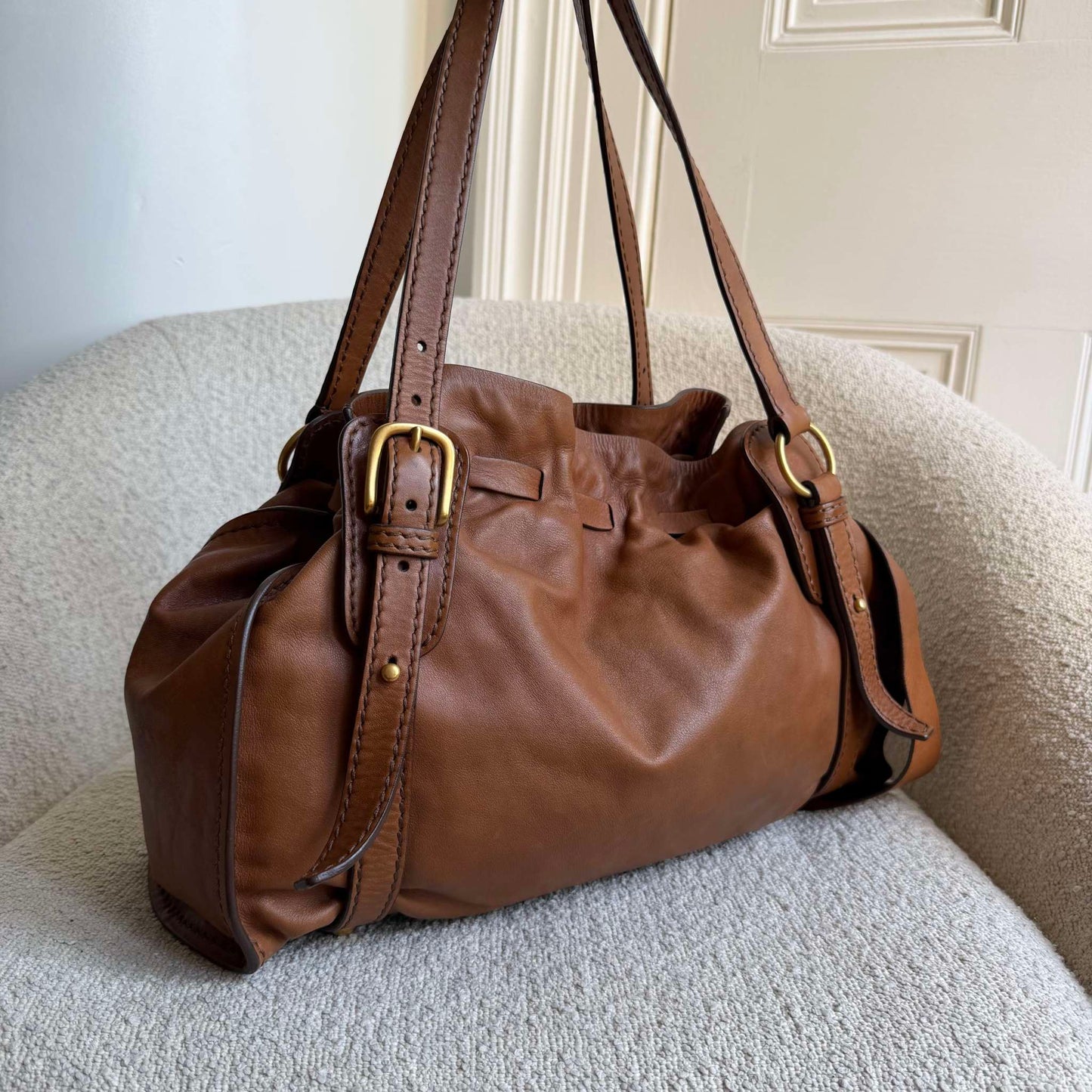 Miu Miu Vitello Brown Leather Tote Bag