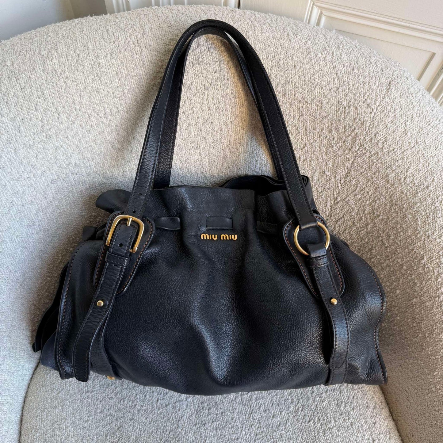 Miu Miu Vitello Black Leather Tote Bag
