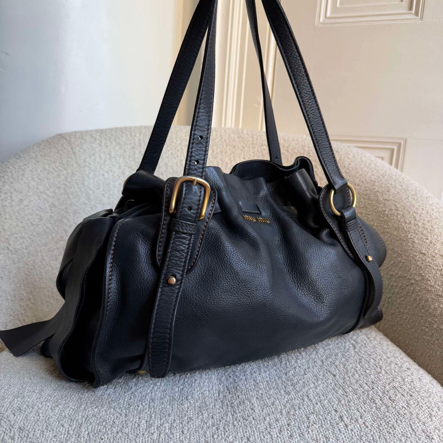 Miu Miu Vitello Black Leather Tote Bag