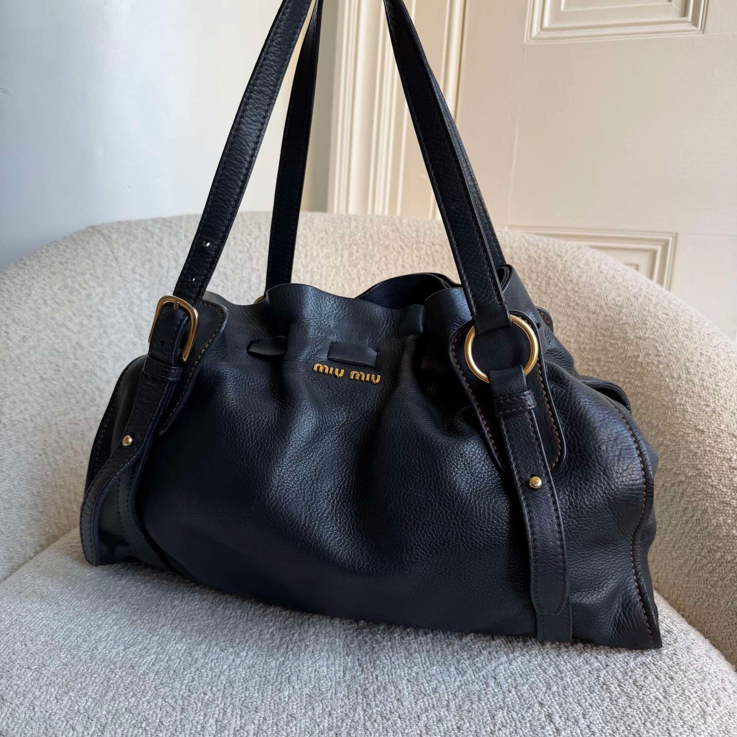 Miu Miu Vitello Black Leather Tote Bag