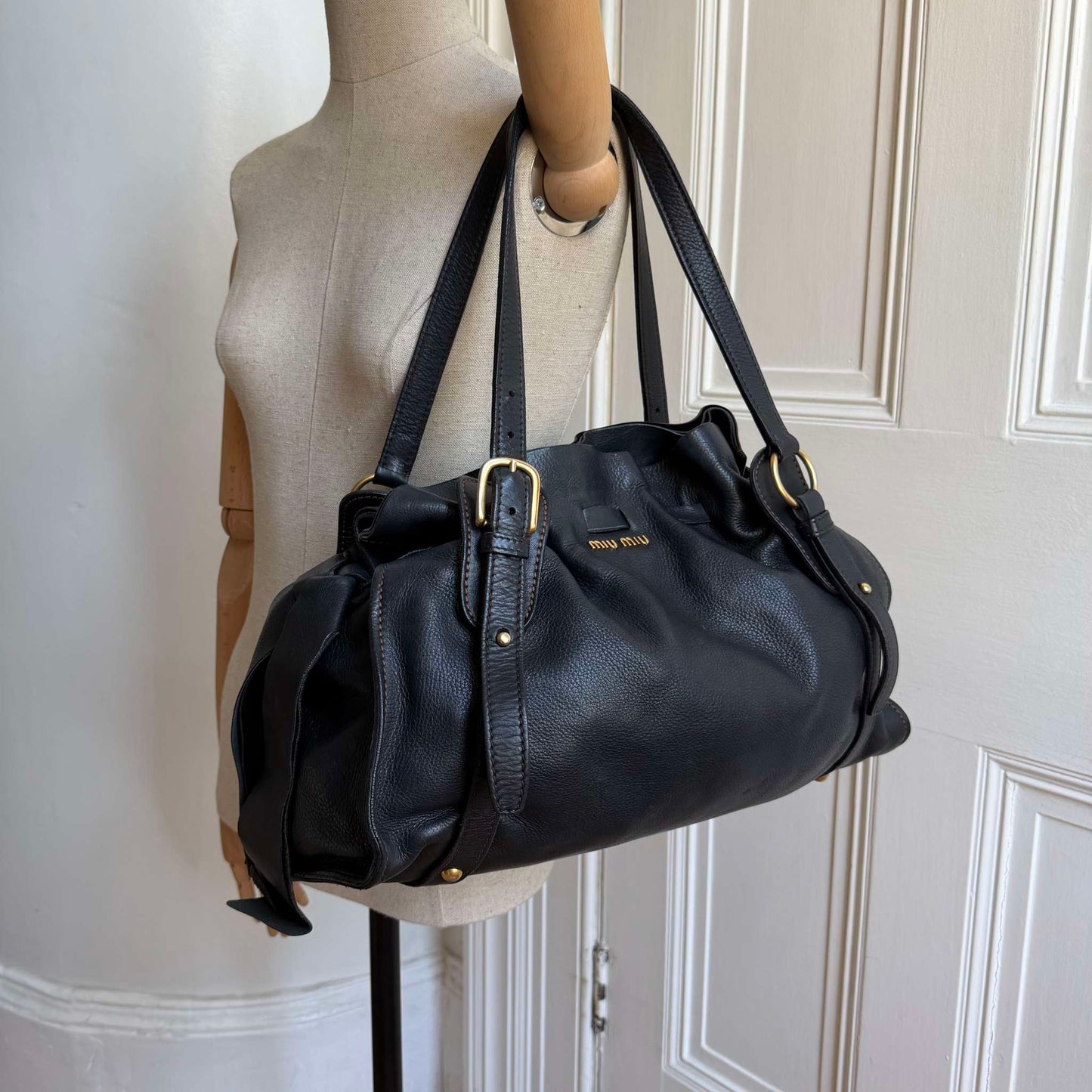Miu Miu Vitello Black Leather Tote Bag