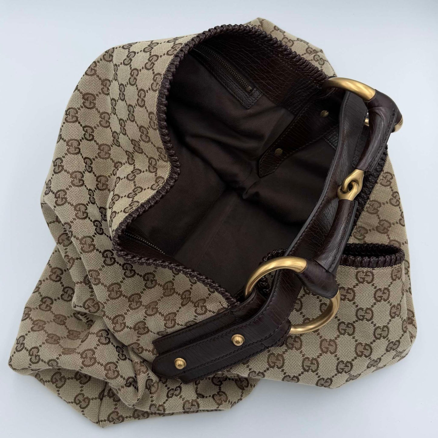 RARE Gucci GG Canvas Horsebit Large Hobo Brown Shoulder Bag