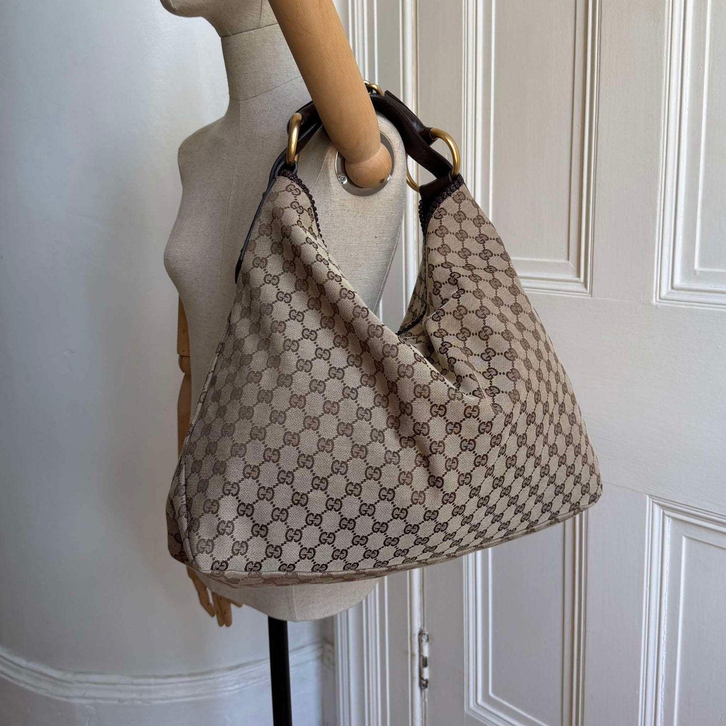 RARE Gucci GG Canvas Horsebit Large Hobo Brown Shoulder Bag