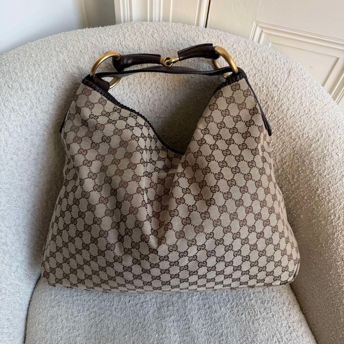 RARE Gucci GG Canvas Horsebit Large Hobo Brown Shoulder Bag