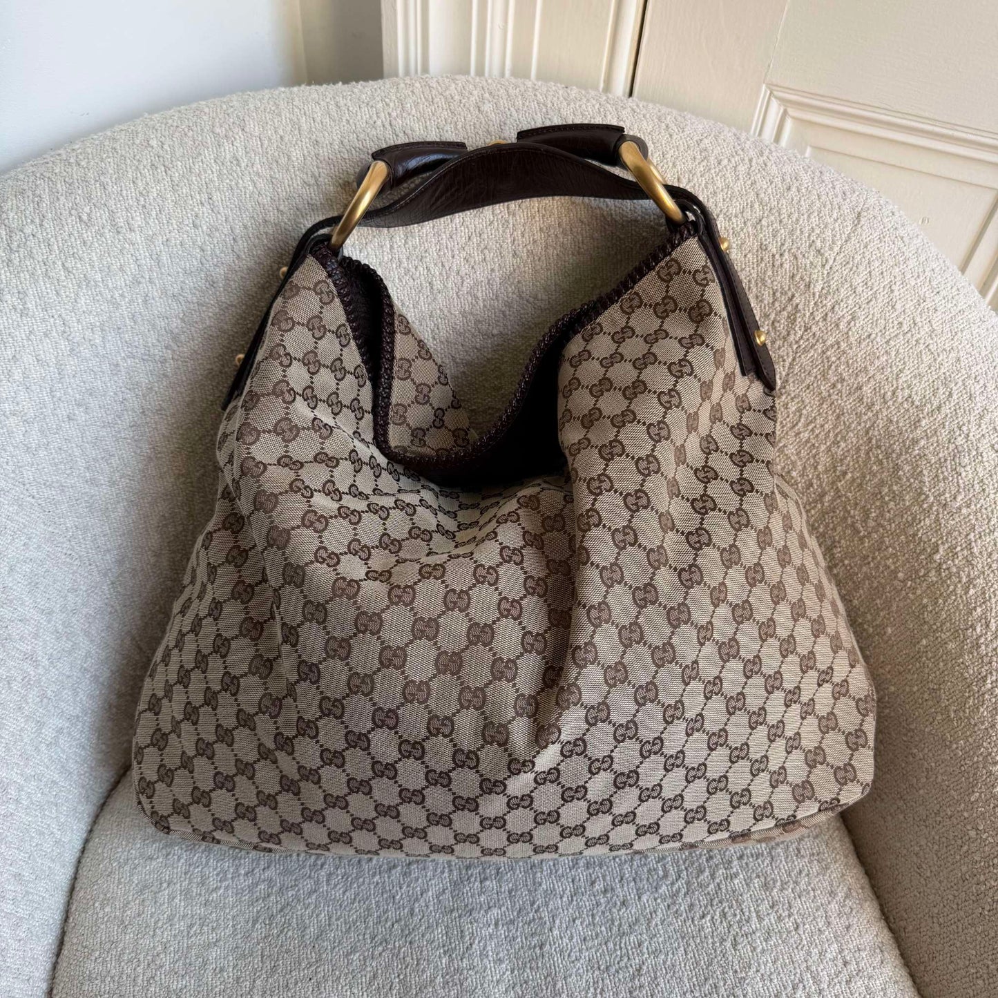 RARE Gucci GG Canvas Horsebit Large Hobo Brown Shoulder Bag