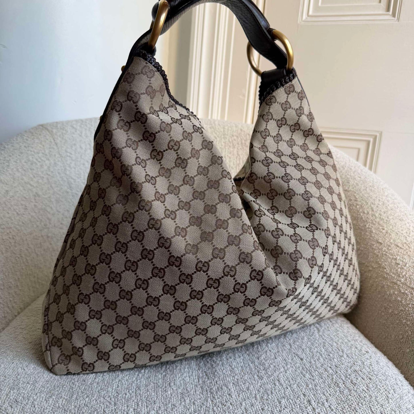 RARE Gucci GG Canvas Horsebit Large Hobo Brown Shoulder Bag