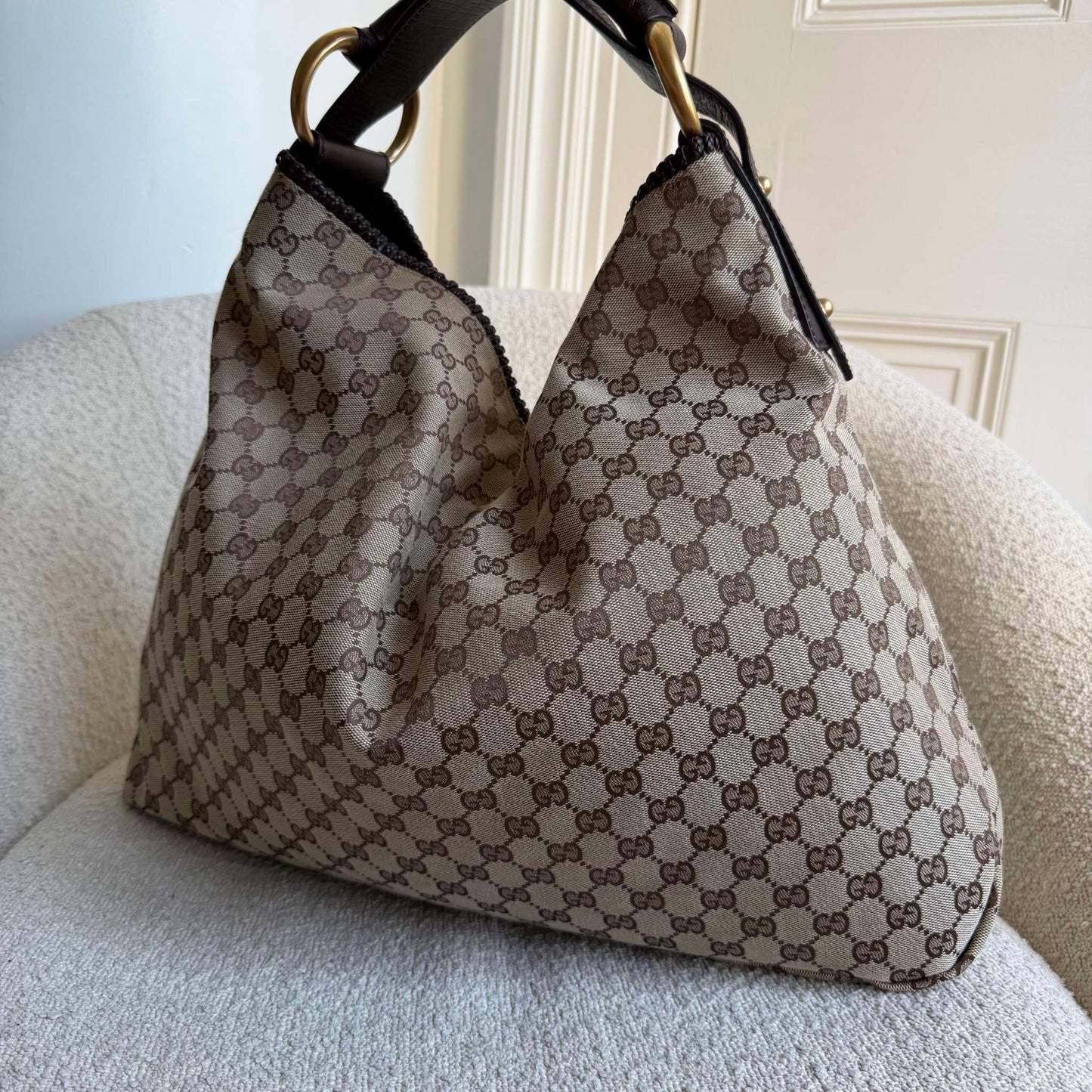 RARE Gucci GG Canvas Horsebit Large Hobo Brown Shoulder Bag