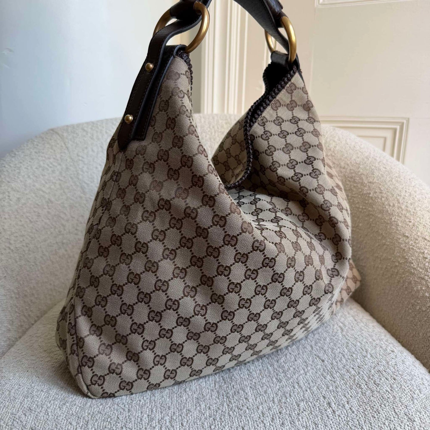 RARE Gucci GG Canvas Horsebit Large Hobo Brown Shoulder Bag