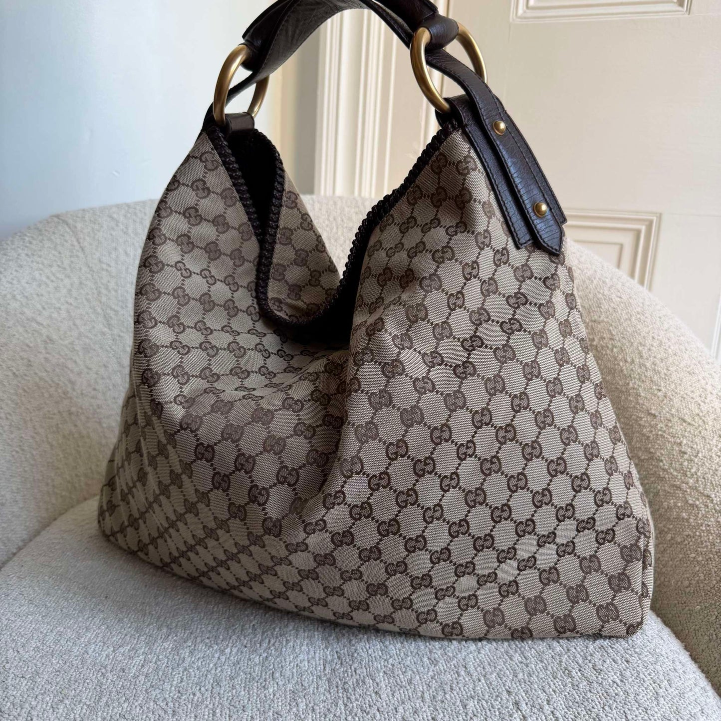 RARE Gucci GG Canvas Horsebit Large Hobo Brown Shoulder Bag