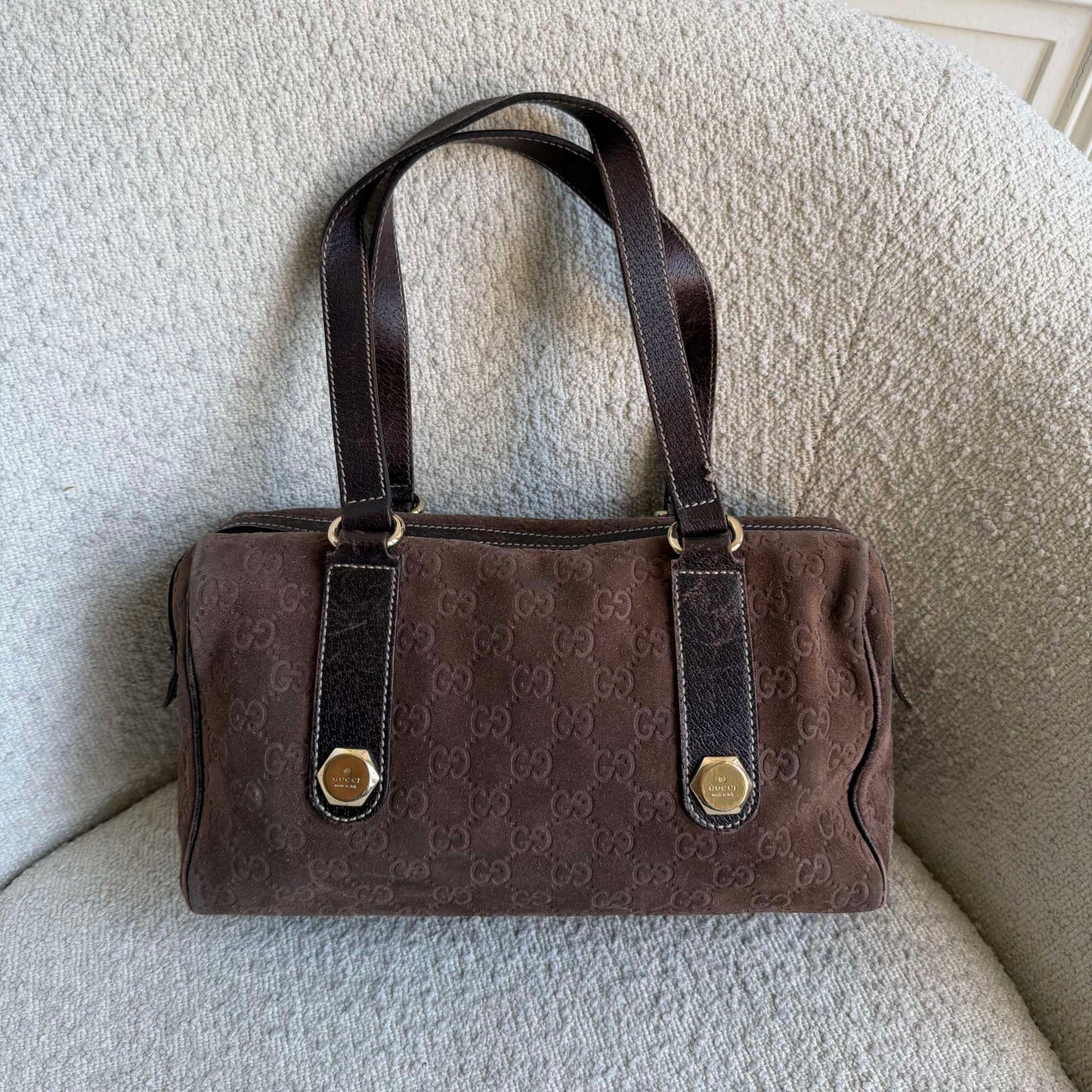 RARE Gucci GG Suede Charmy Boston Brown Shoulder Bag