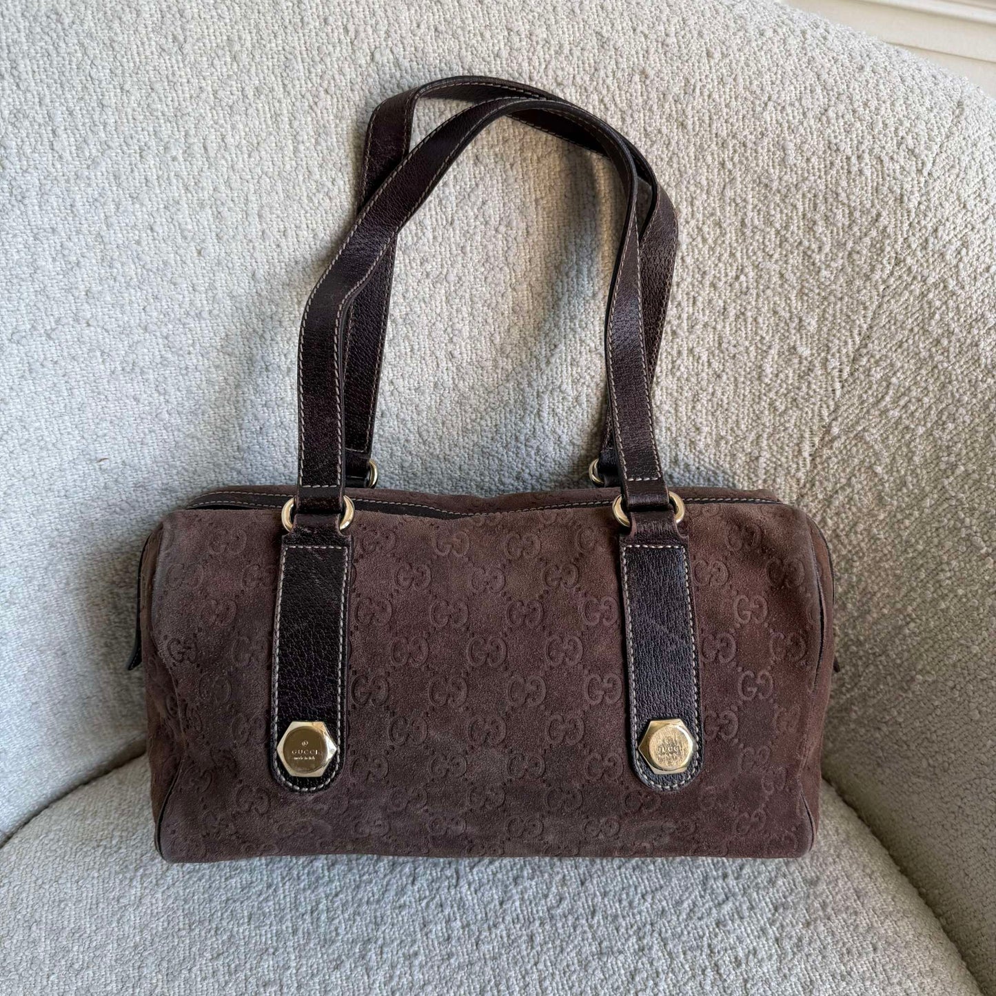 RARE Gucci GG Suede Charmy Boston Brown Shoulder Bag