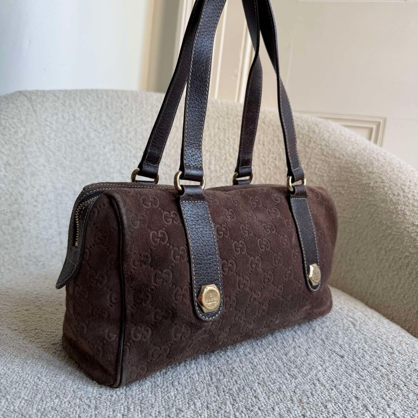 RARE Gucci GG Suede Charmy Boston Brown Shoulder Bag