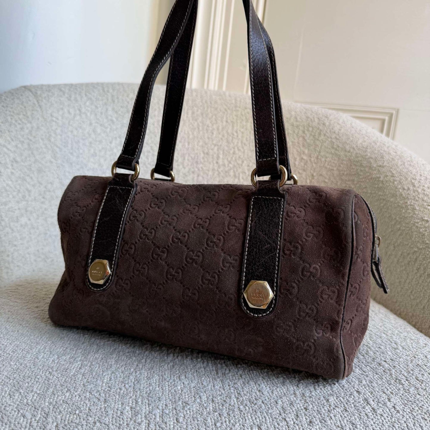 RARE Gucci GG Suede Charmy Boston Brown Shoulder Bag