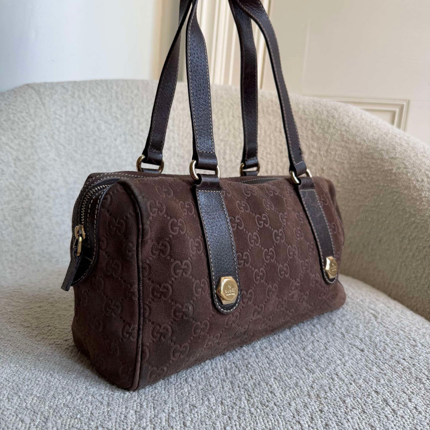 RARE Gucci GG Suede Charmy Boston Brown Shoulder Bag